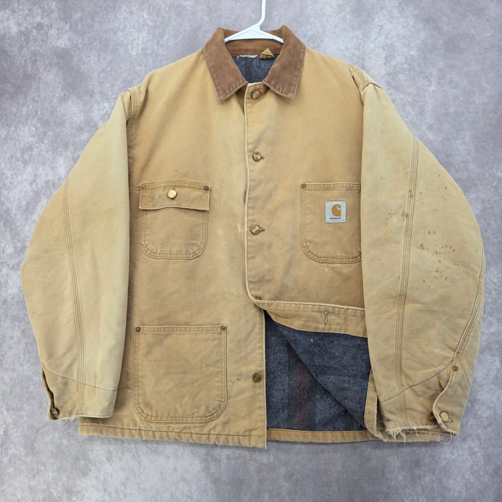 Vintage Carhartt Blanket Lined Chore Coat Jacket Tan Duck Canvas Distressed